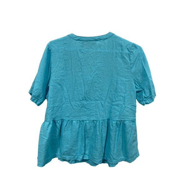 Denim and Co Naturals Linen Blend Pleated Blouse Women XS Short Sleeve Aqua Blue - Picture 3 of 7